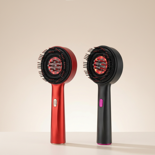 Suggestion


Two handheld electric scalp massagers shown side by side on a clean beige studio background. One has a metallic red handle with a silver power button, and the other has a metallic black handle with a pink power button.